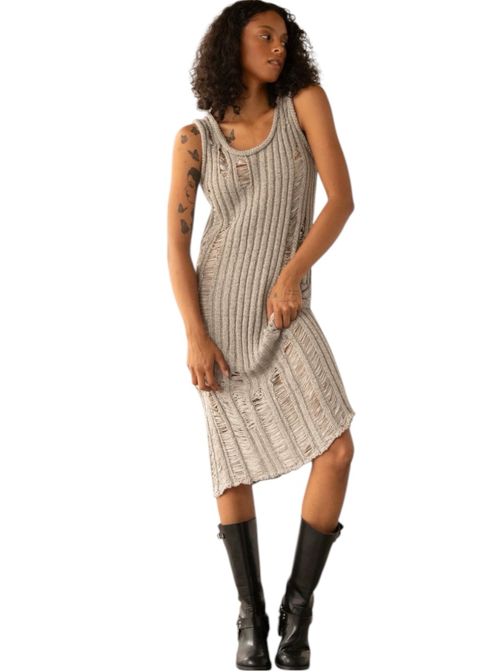 NWT Oak + Fort Taupe/Grey Sleeveless Rib-Knit Distressed Midi Dress (S)